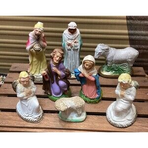 Vintage Chalkware & Paper Mache Nativity Scene Italy Mary Jesus Shepherds Sheep